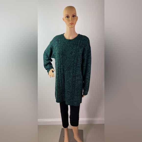 Green and Grey Marle Cable Knit Crewneck Sweater Dress - Picture 3 of 11